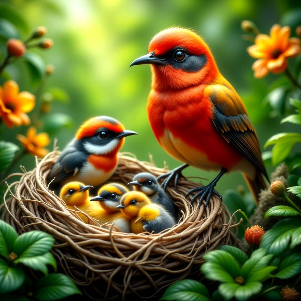 Scarlet Robin Surveys Nest With Chicks