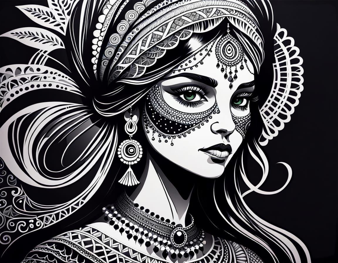 Enchanting Gypsy Silhouette in Zentangle Style