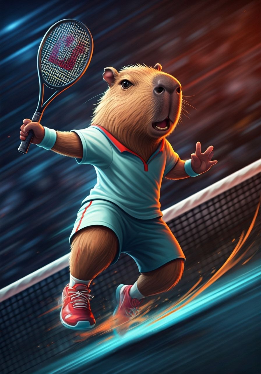 Capybara Tennis Player in Dynamic Mid-Air Swing