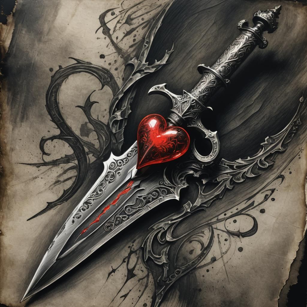 Dagger with Heart Blade, Charcoal Drawing in Chiaroscuro
