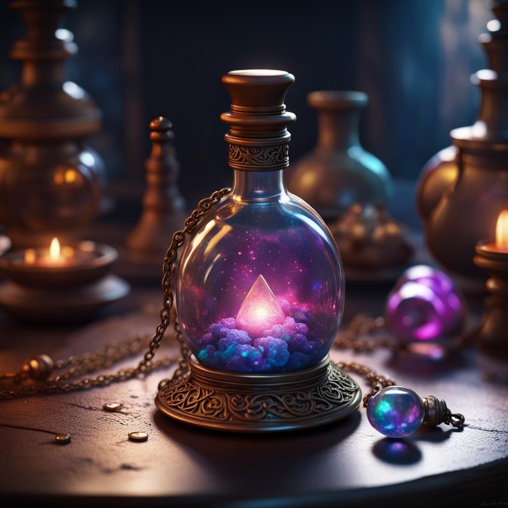Celestial Potion Bottle Necklace on Alchemist's Table