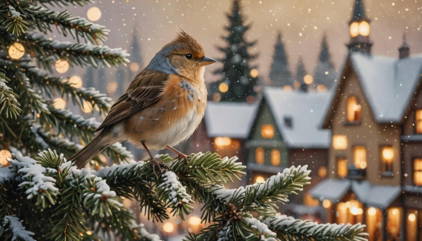 Songbird in Winter City Square: Fantasy Art