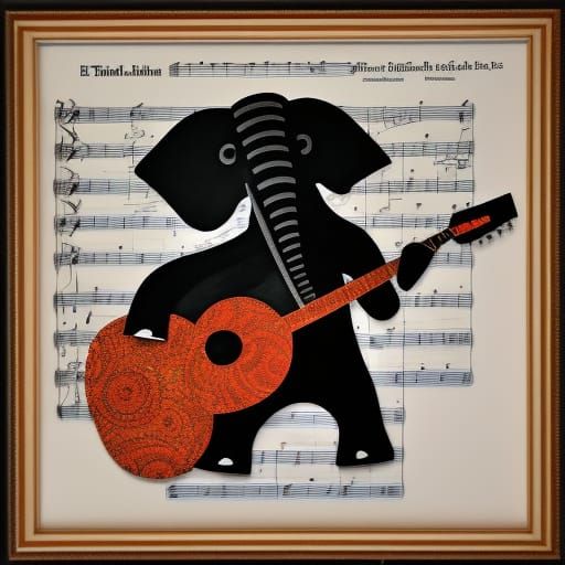 Elephant Plays Guitar in Cut Paper Collage Art