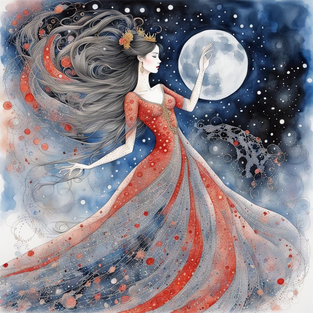 Moonlit Princess Dance in Watercolor Ink