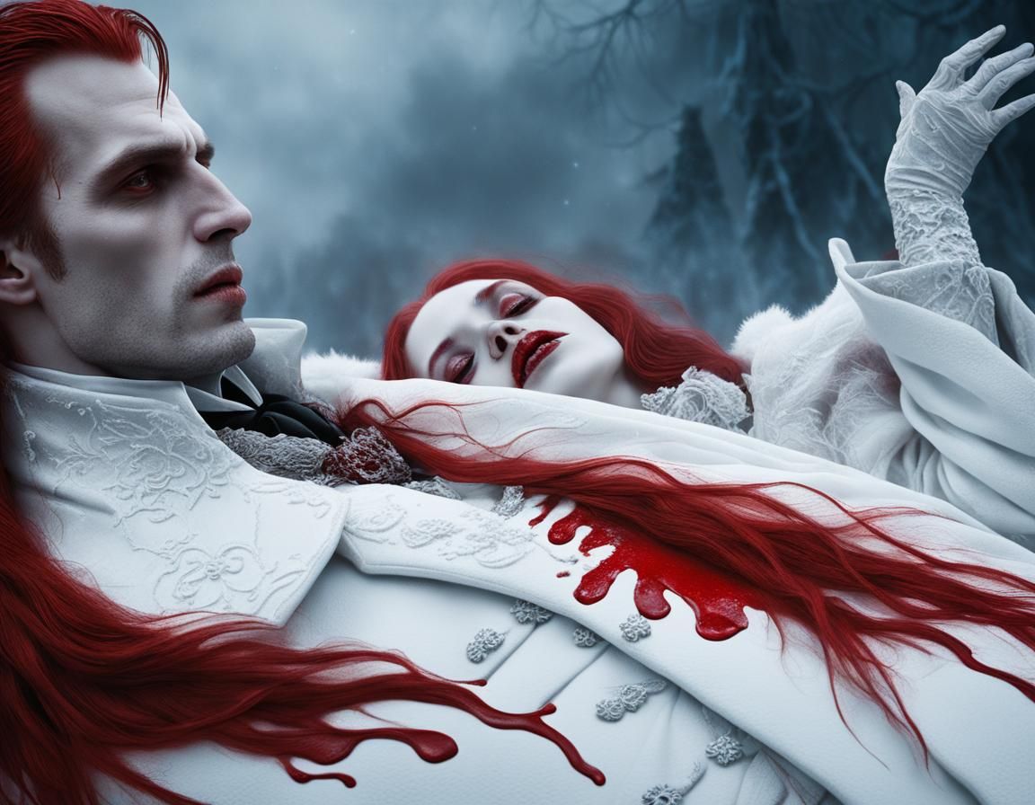 Gothic Vampire Holds Maiden in Winter Landscape