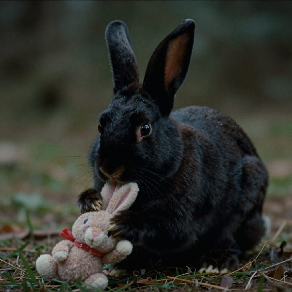Black Bunny Chews Toy Cinematic Film Still