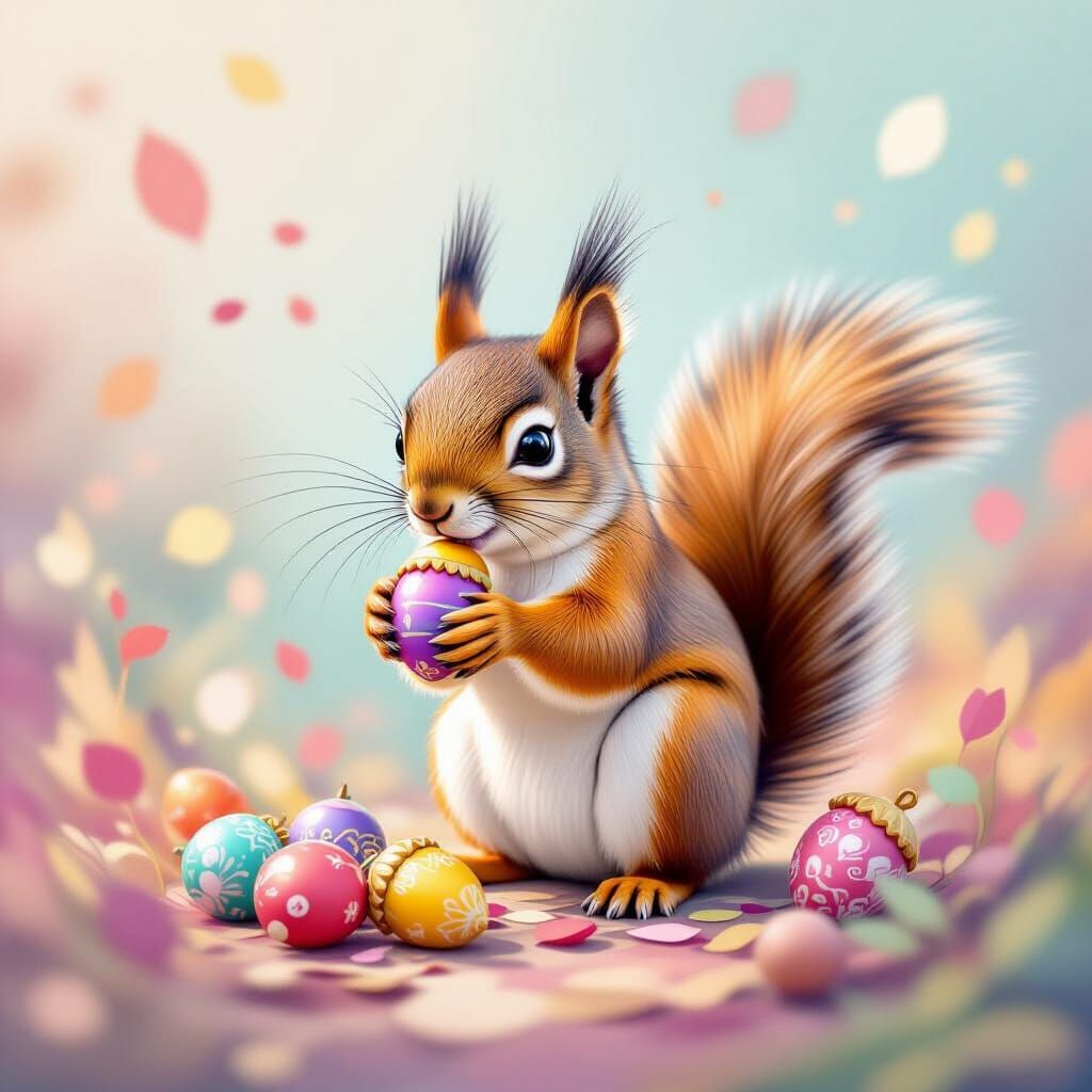 Squirrel with Acorns in Vibrant Pastel Setting
