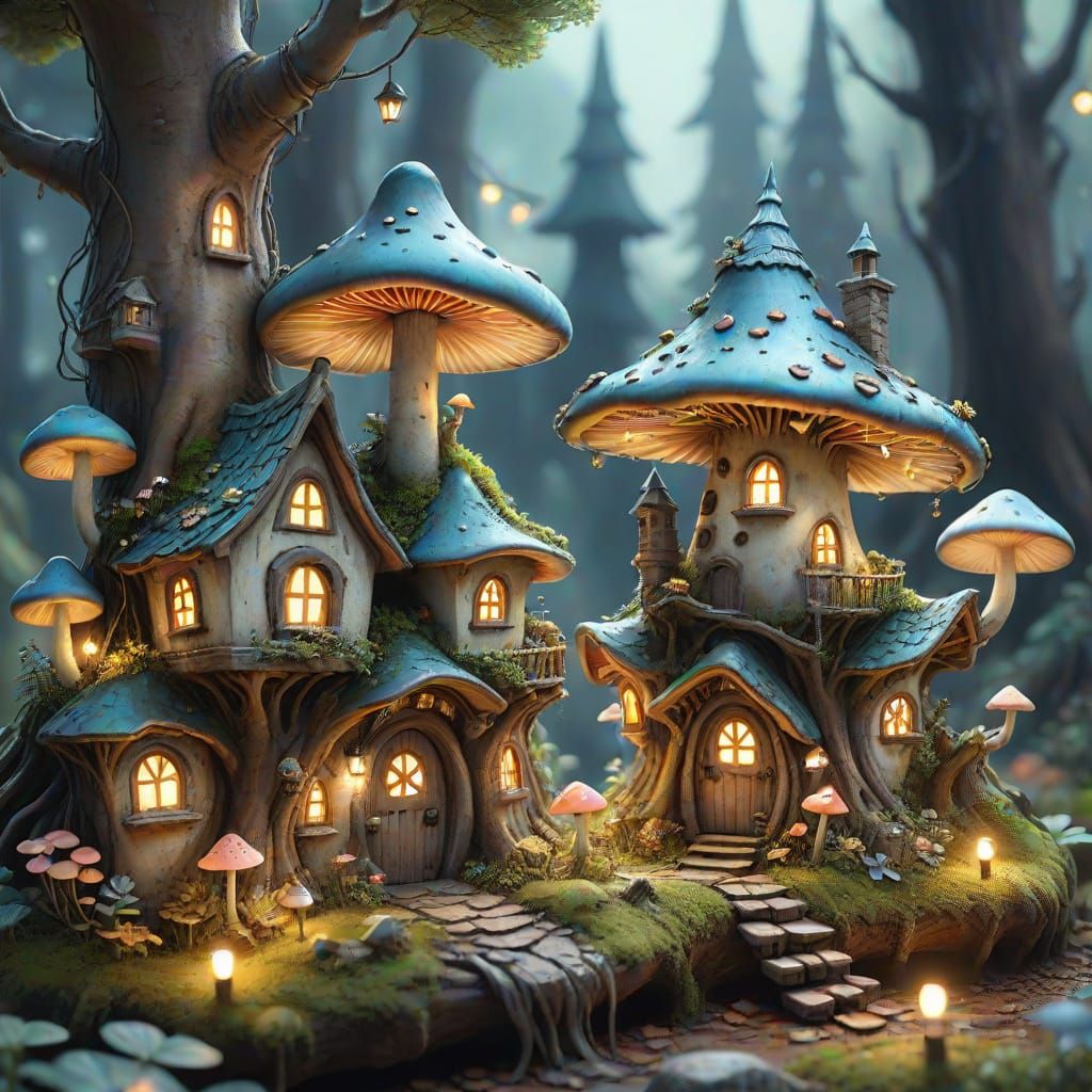 Mushroom Village in Ancient Tree Roots, Watercolor Art
