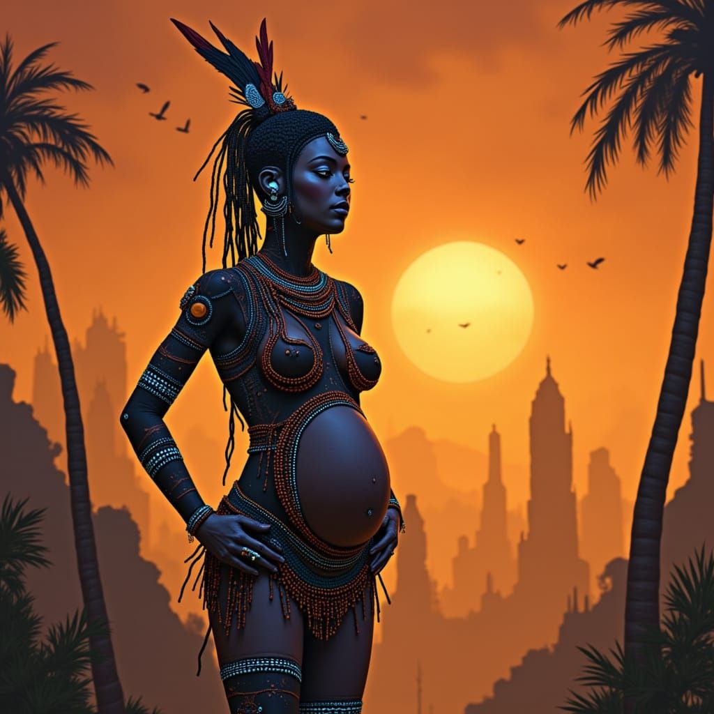Tribal Cyborg Mother in Alien Sunrise