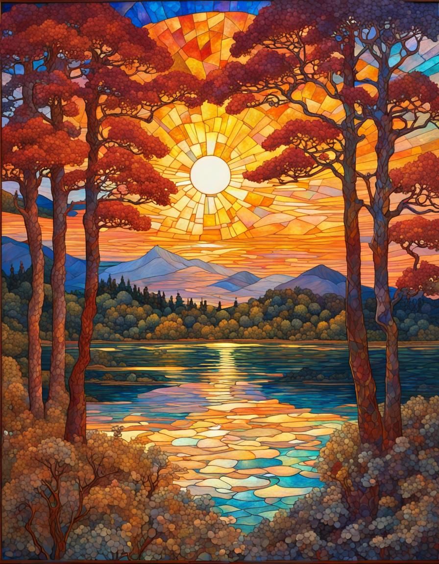 Lake sunset landscape in stain glass