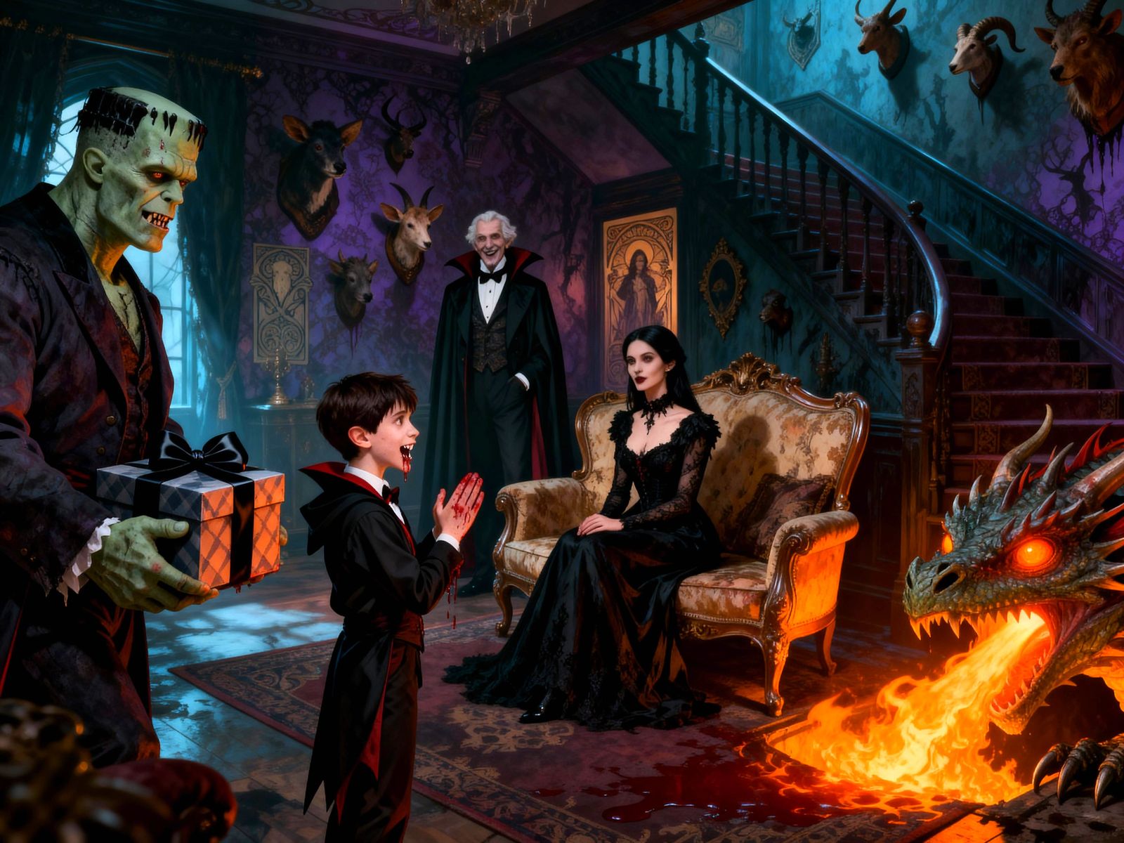 Haunted House Birthday with Dragon and Monsters