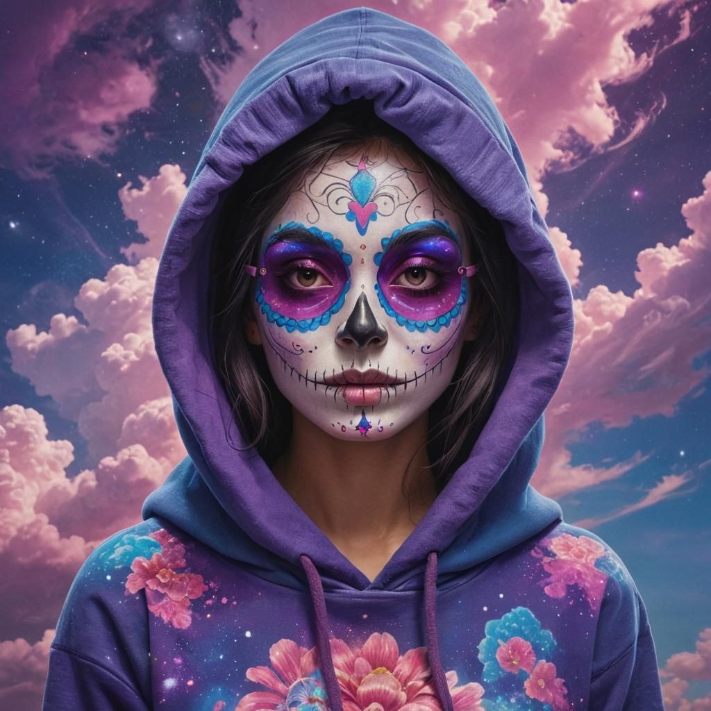 Cosmic Catrina Girl in Astral Colors, Hyperrealistic Illustr...