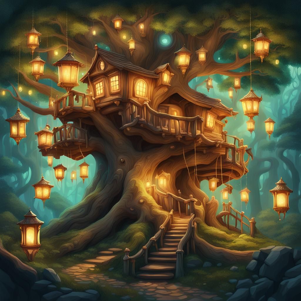 Whimsical Treehouse Village in Golden Light