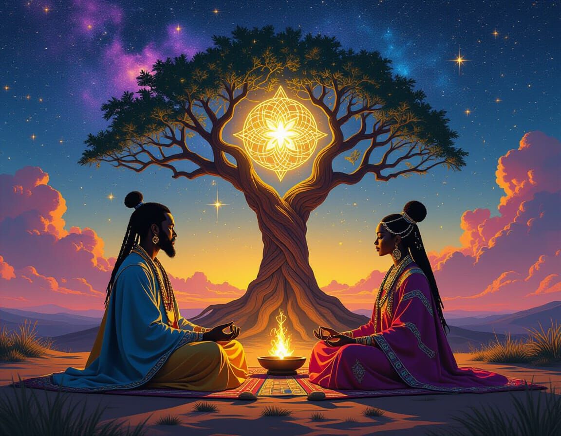 Mystical African Couple Meditating Under Cosmic Sky
