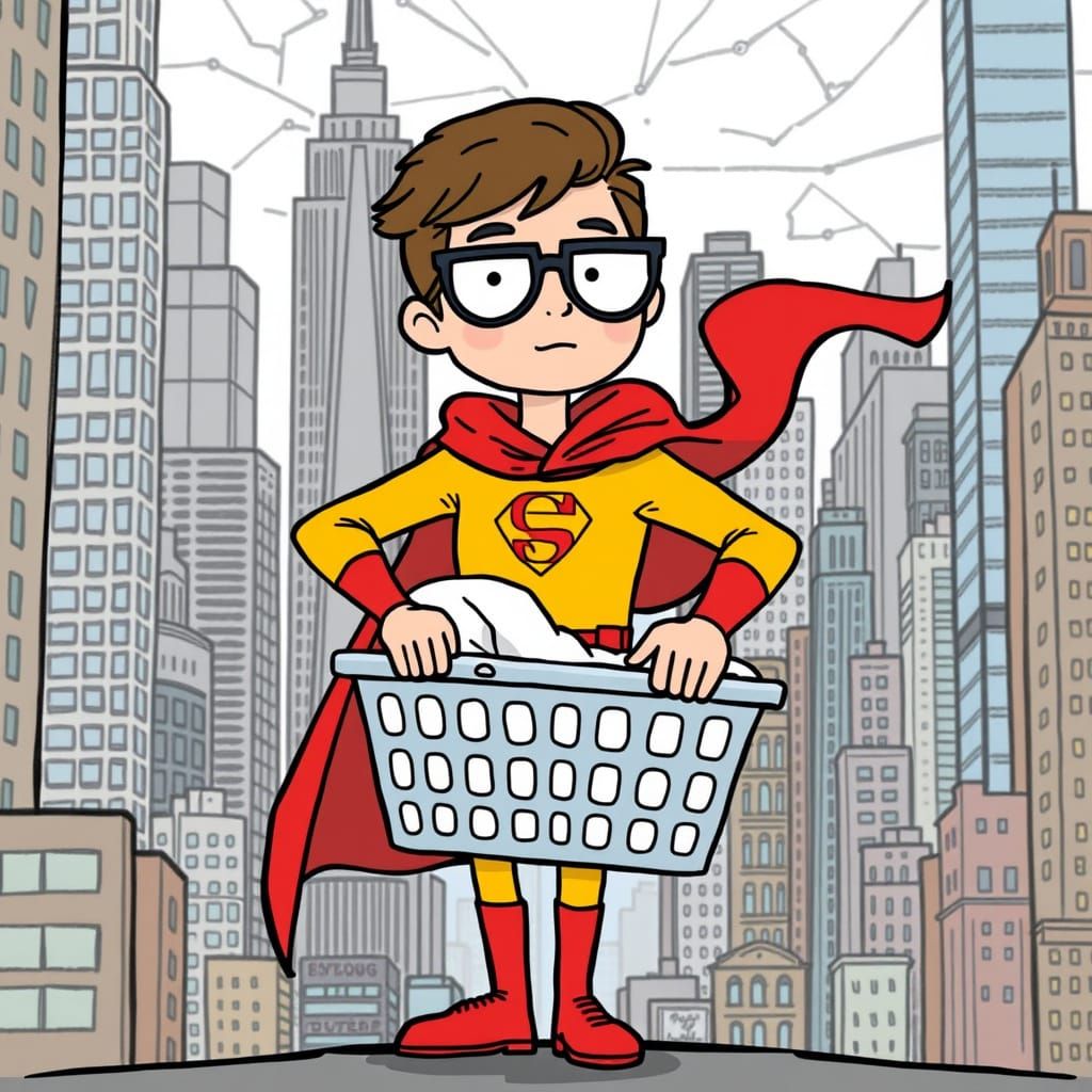Superhero Folds Laundry in City, Graphic Novel Style
