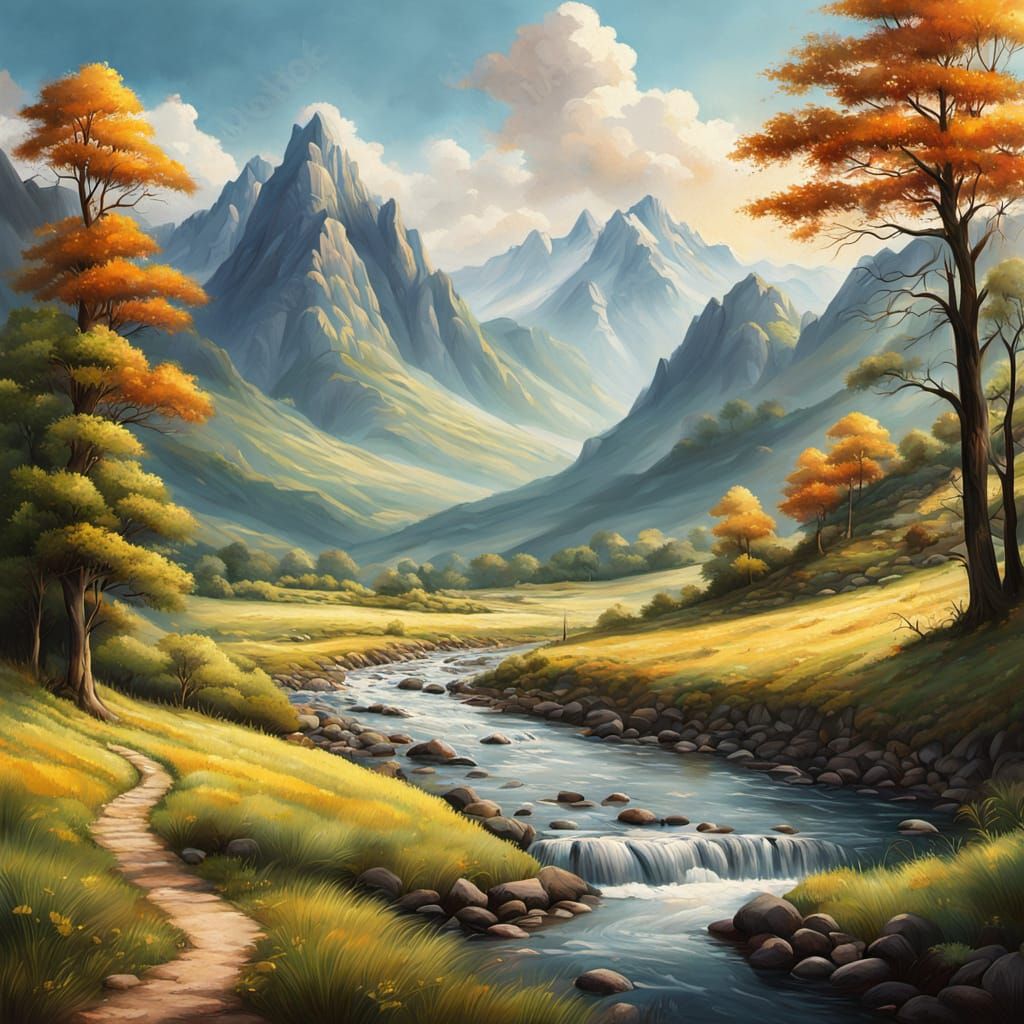 Majestic Landscape Mural Painting in Digital Art Style