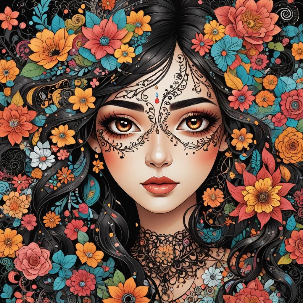 Abstract Floral Girl Portrait in Vector Art