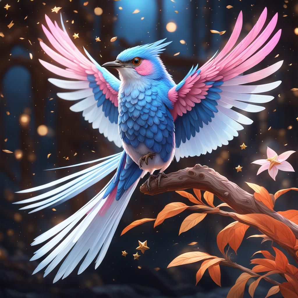 Colorful Bird with Long Tail and Gold Stars