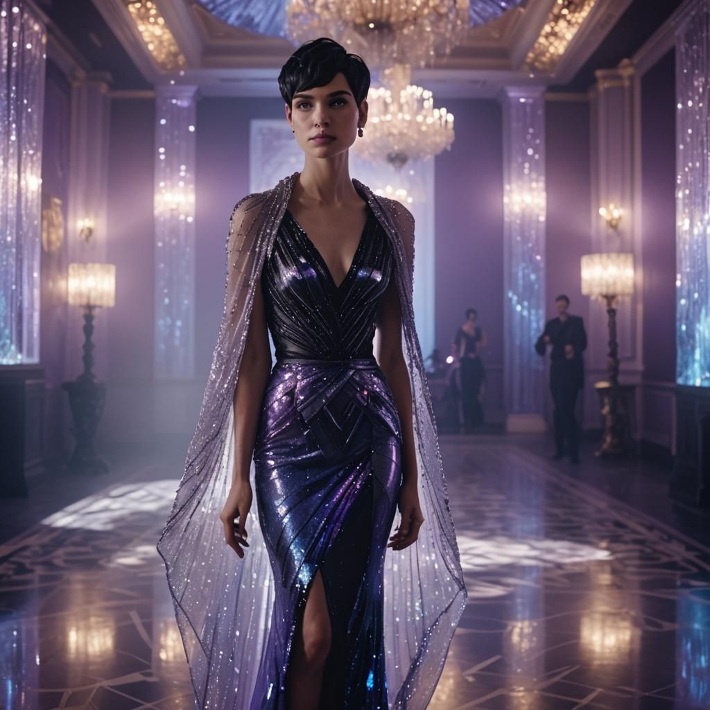 Woman in Crystal Skirt in Opulent Ballroom