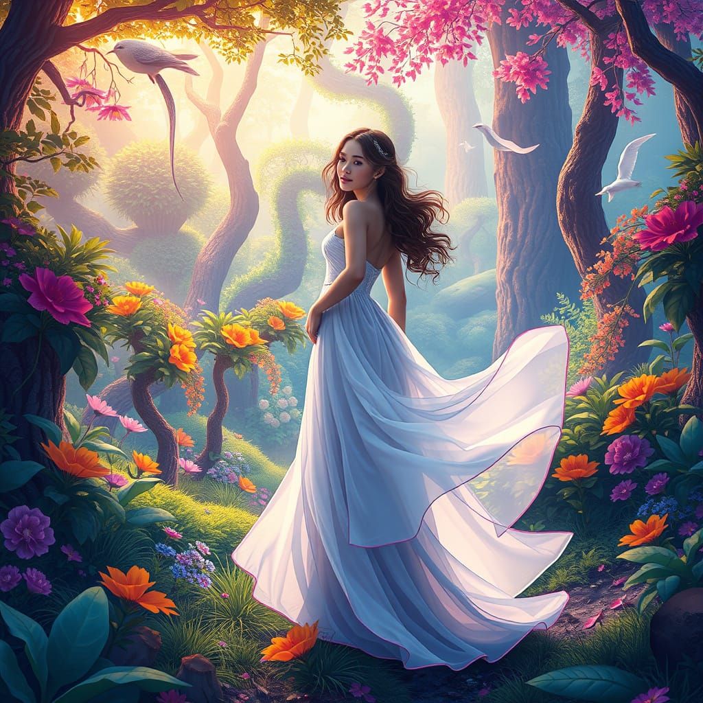 Elegant Woman in Whimsical Forest Digital Art