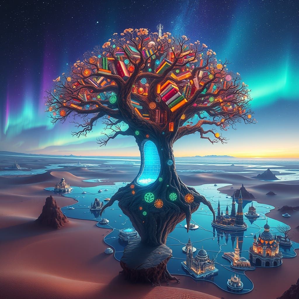 Celestial Tree of Wisdom in a Neon Desert Dreamscape