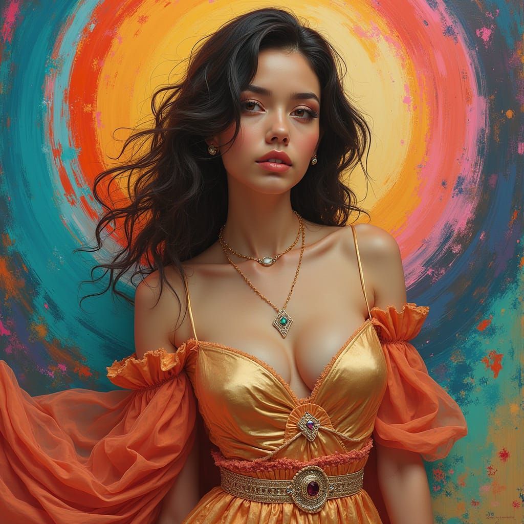 Elegant Woman in a Swirling Colorful Background