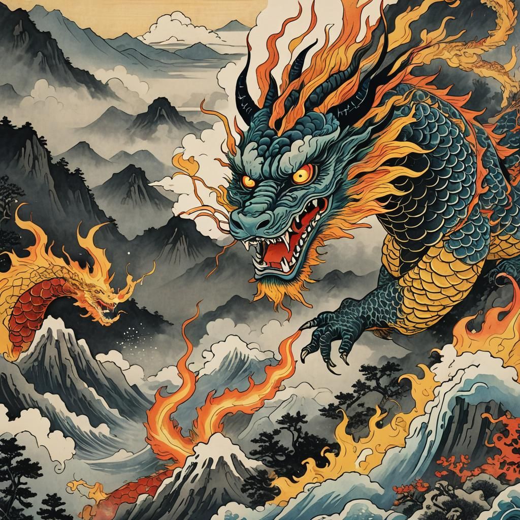 Chinese Dragon in Ukiyo-e Woodblock Print