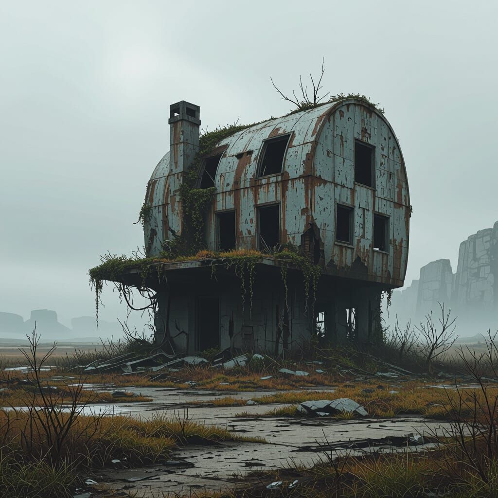 Dystopian Boom House in Desolate Landscape