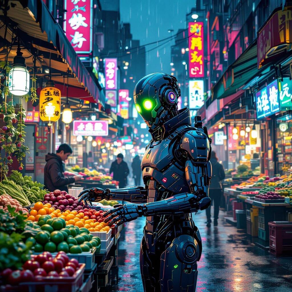 Cyberpunk Market: Glowing Vendor in Neon Rain
