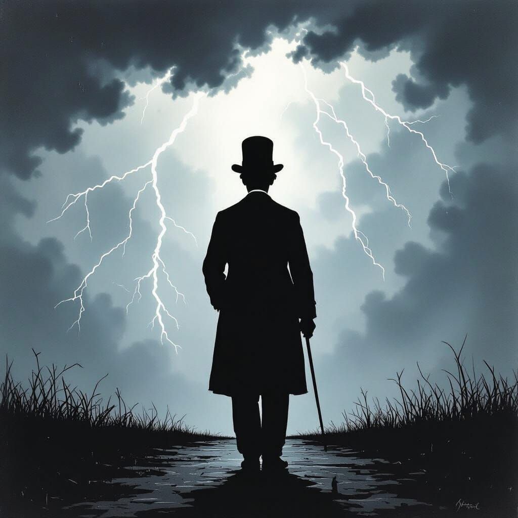 Charlie Chaplin's Tramp Amidst Lightning Storm