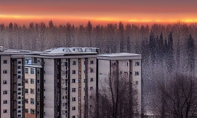 Gloomy Winter Landscape with Russian Apartment Buildings