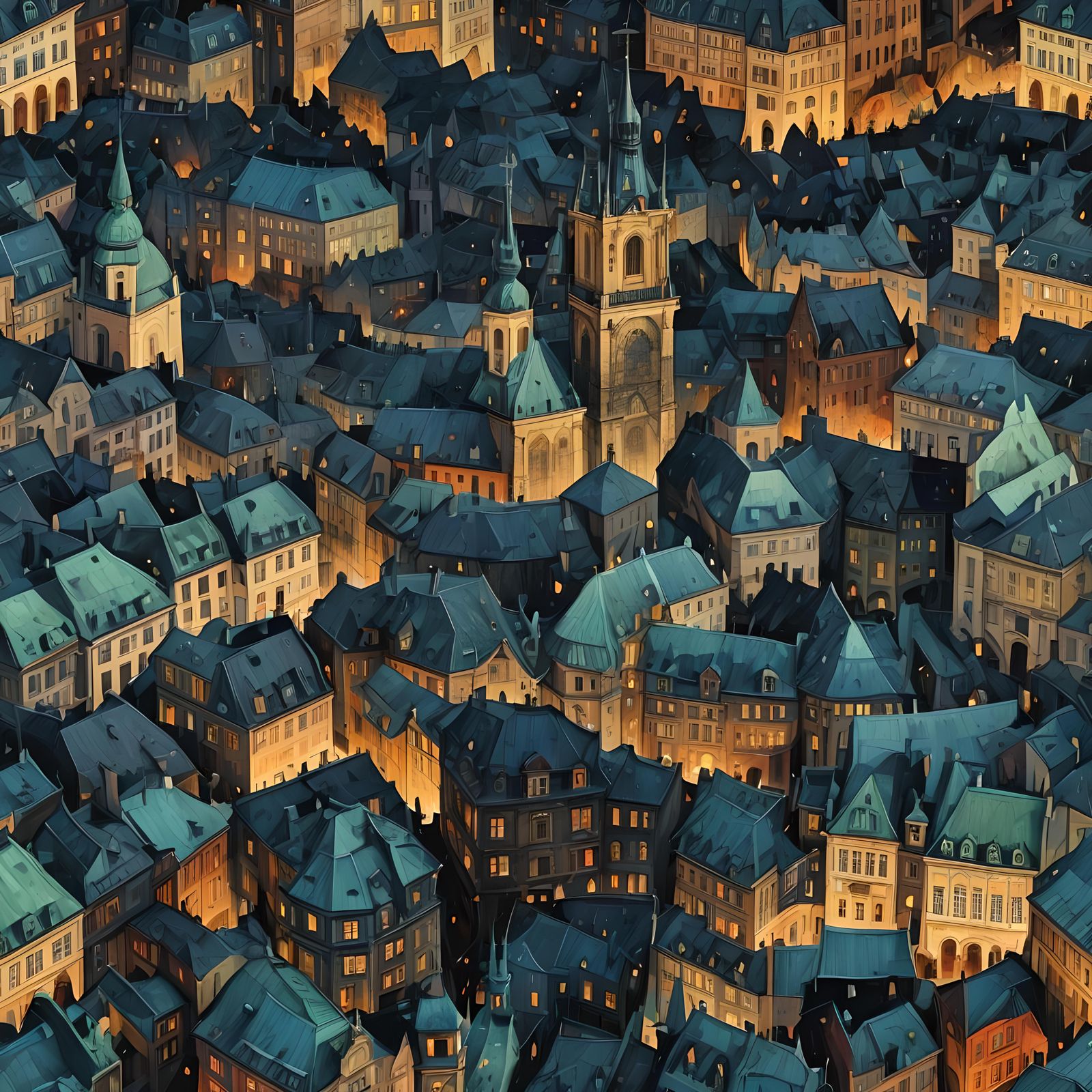 Psychedelic Prague Cityscape in Whimsical Fairytale Style