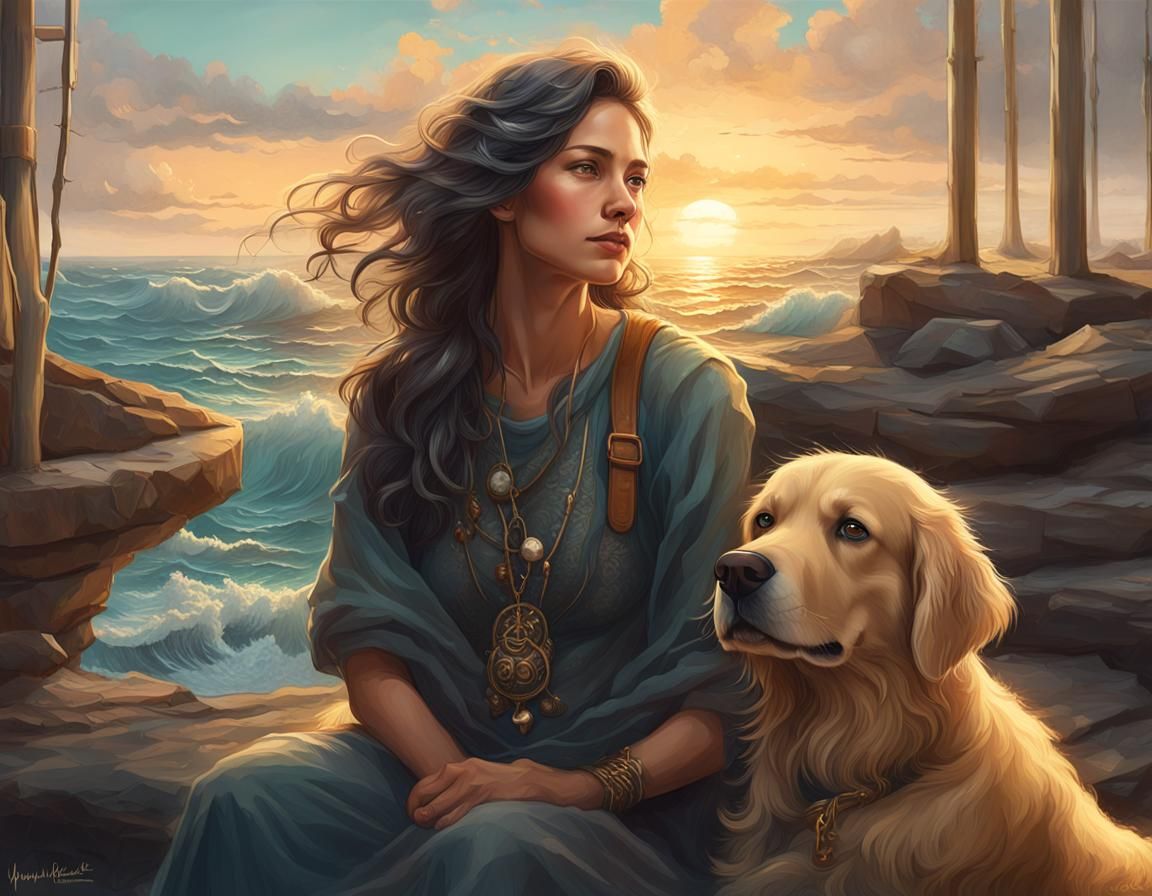 Older Woman with Retriever: Ethereal Fantasy Portrait