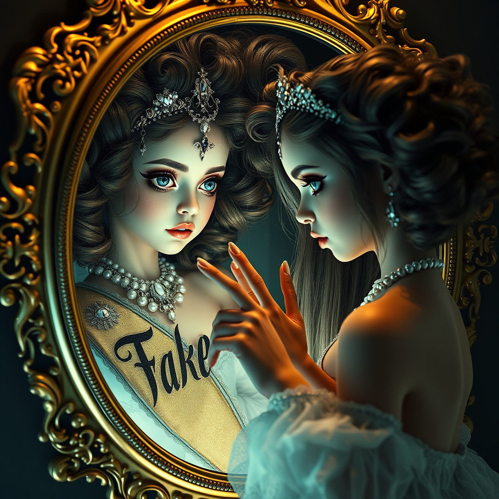 Girl's Self-Discovery in Baroque Mirror Reflection