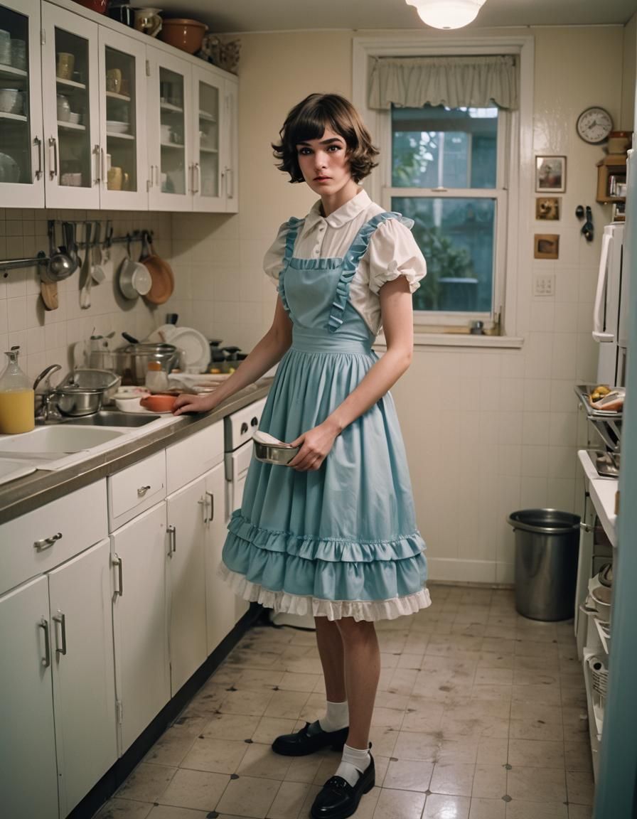 Masculine Youth in Babydoll Dress Washing Dishes