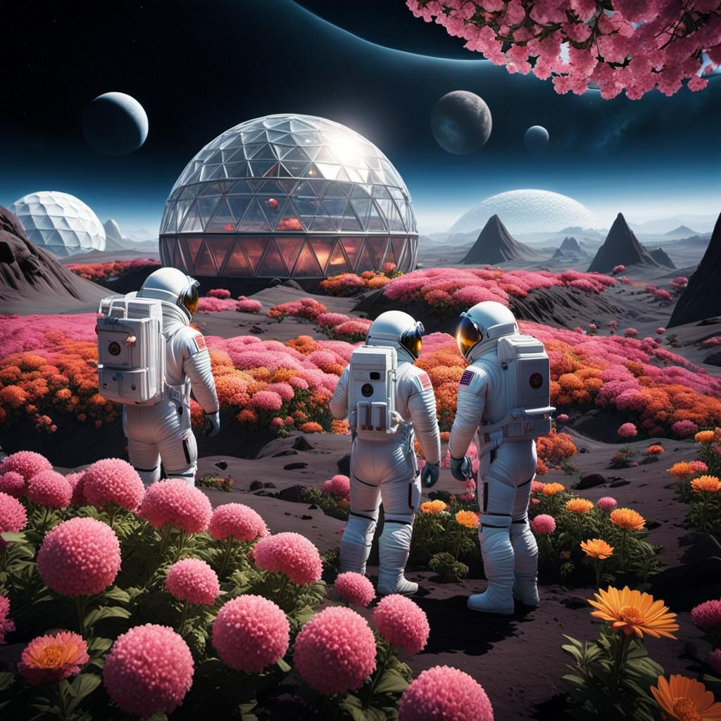 Astronauts Tend Lunar Flowers in Geodesic Dome