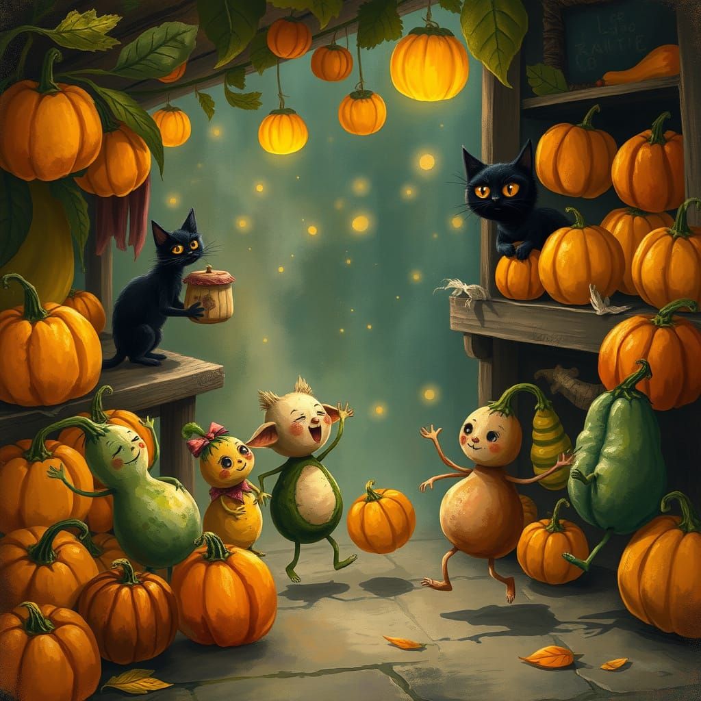 Enchanted Harvest Market with Dancing Vegetables and a Cat