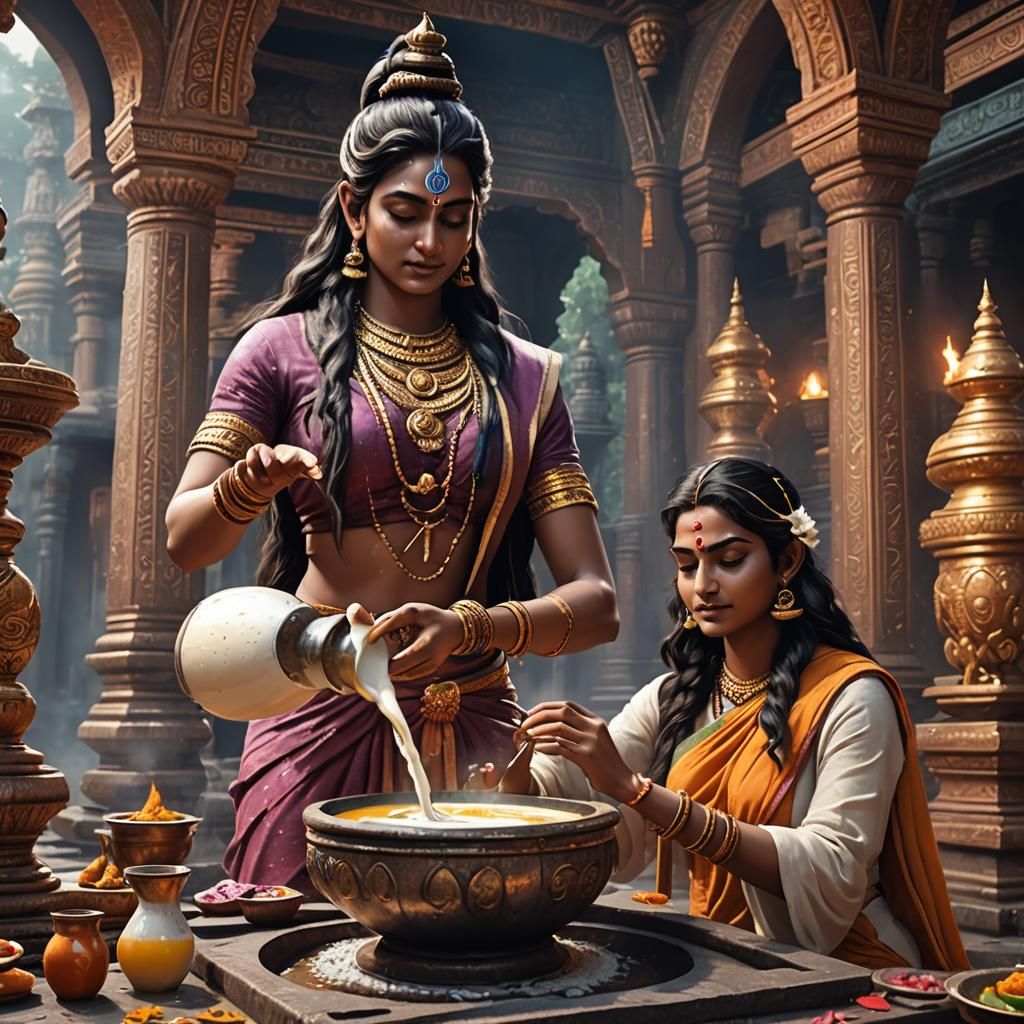 Girl Offering Milk to Shiva Linga: 3D Render