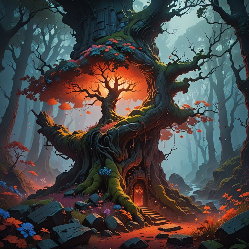 Glowing Tree in Mystical Forest: Surreal Oil Painting