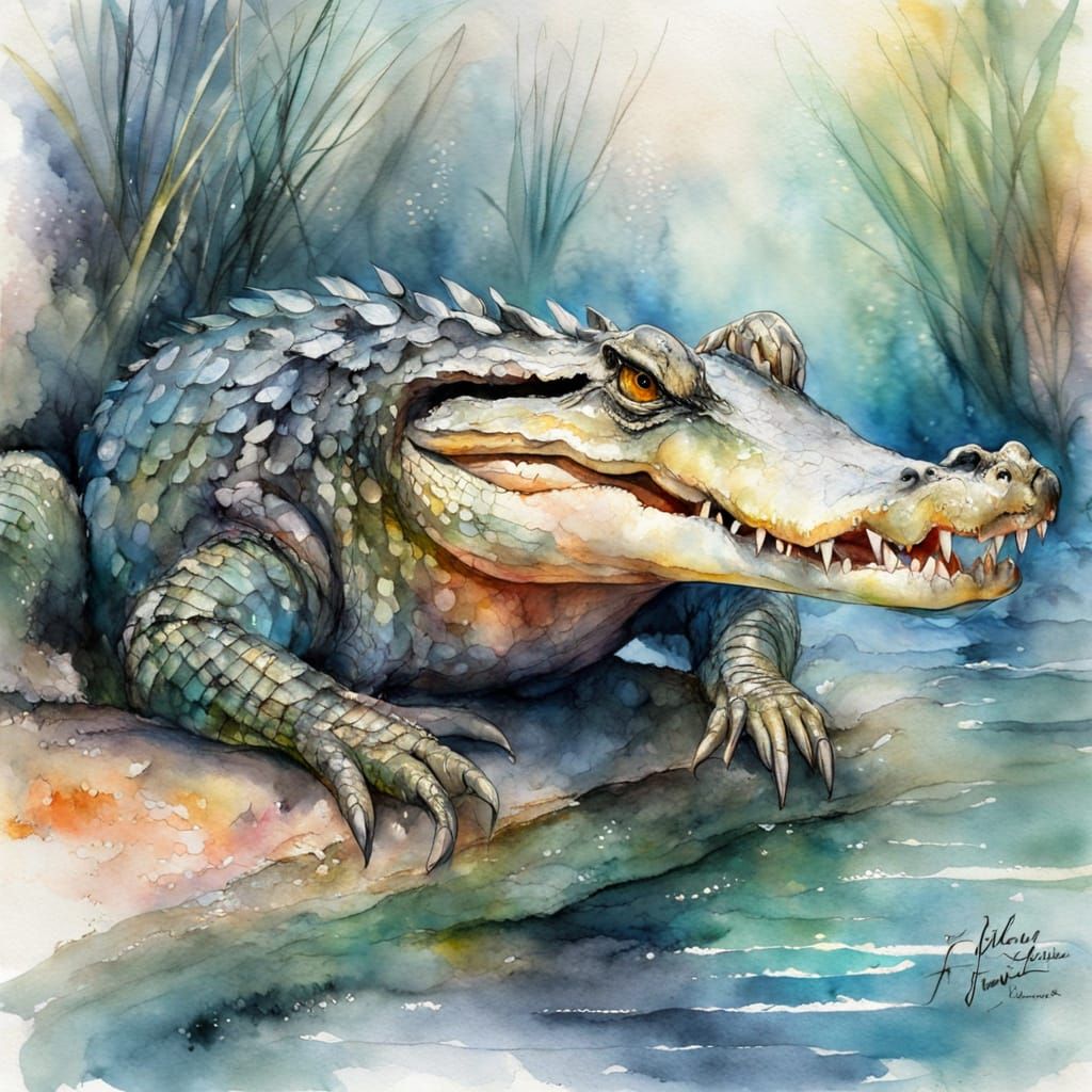 Australian Crocodile in Ancient Creek, Watercolor Style
