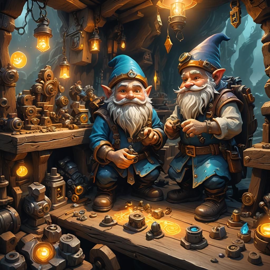 Gnome Crafts Mechanical Parts in Fantasy Cave