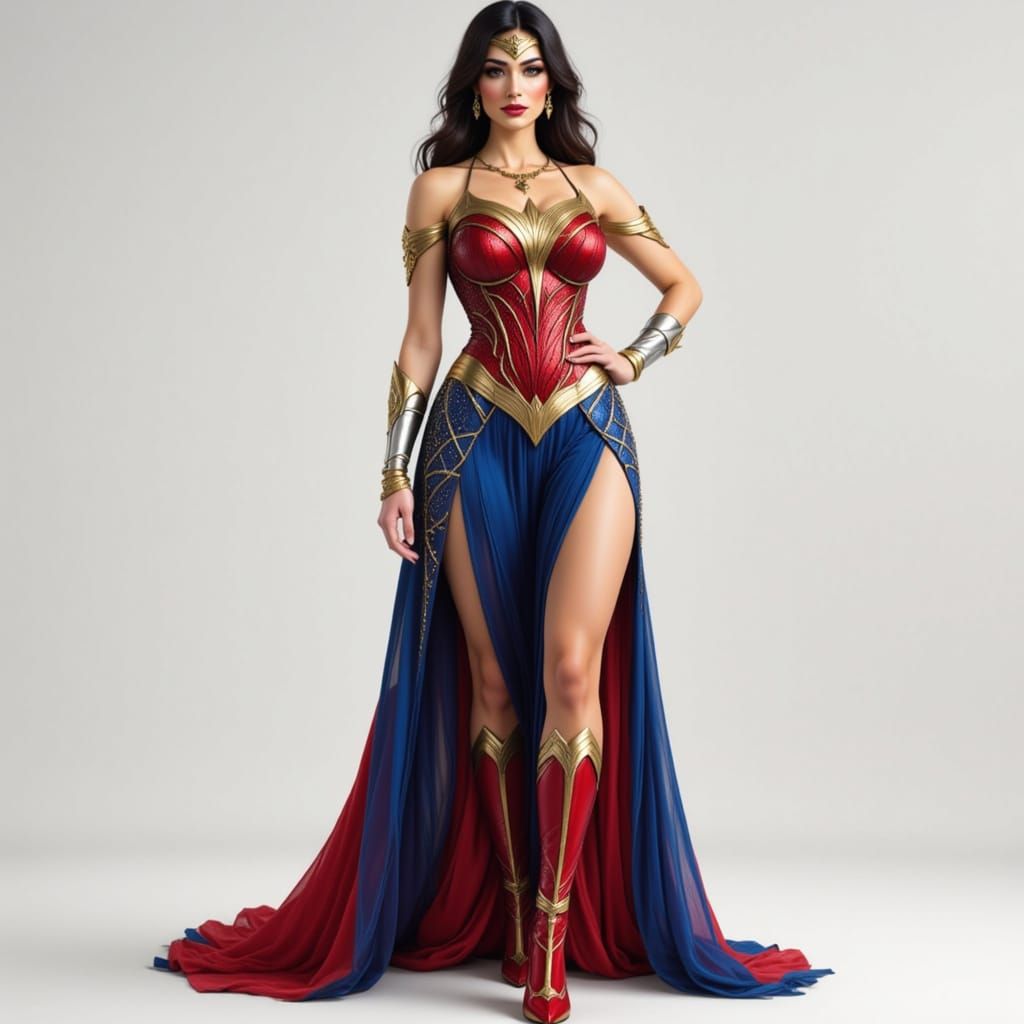 A model wearing a beautiful superhero full-length jumpsuit w...