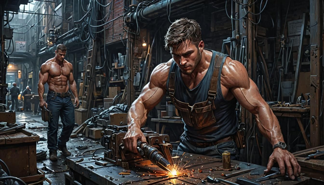 Men at Work in Hyperrealistic Digital Art Style