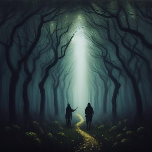 Mystical Woman Strolls Through Misty Forest as Oil Painting