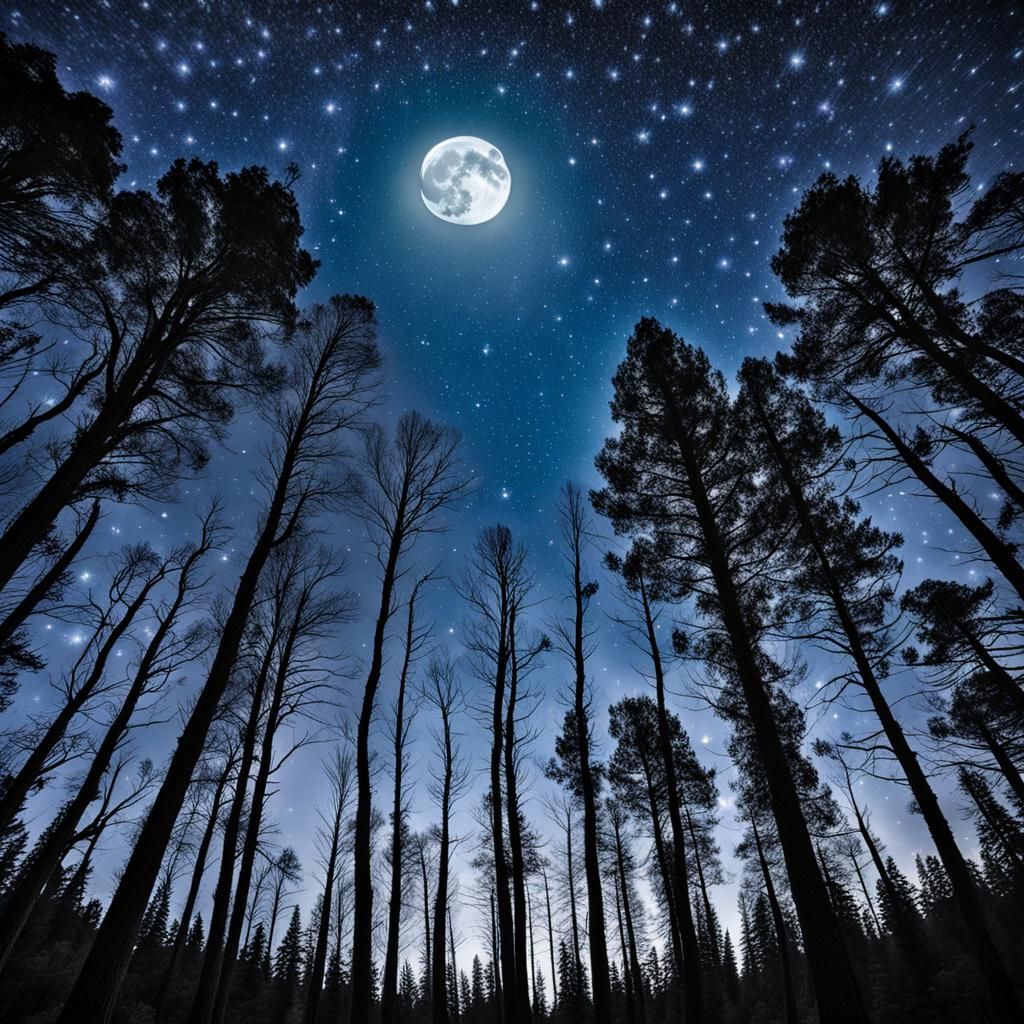Picturesque Forest Under Moonlight Night Sky