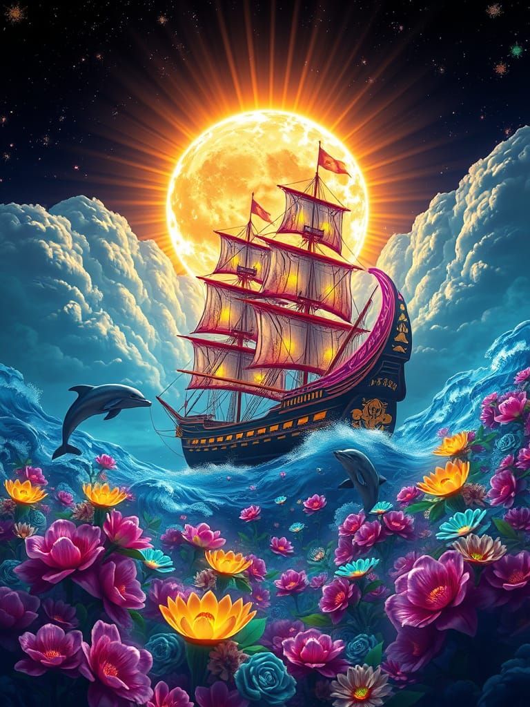 Neon Chinese Treasure Ship in Cosmic Seascape