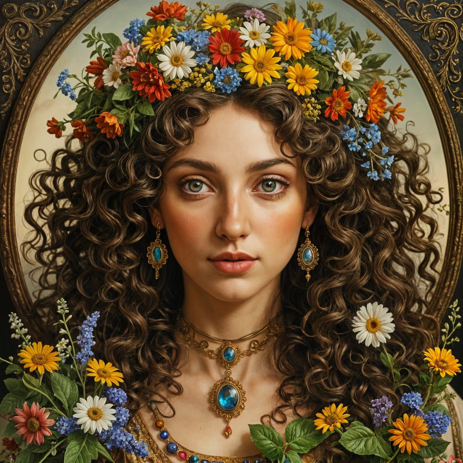 Gorgeous Goddess with Wildflowers, Hyperrealistic Portrait