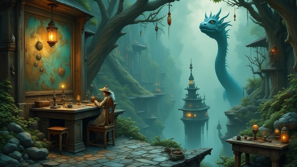 Dreamlike Scene with a Woman in a Mystical Cityscape