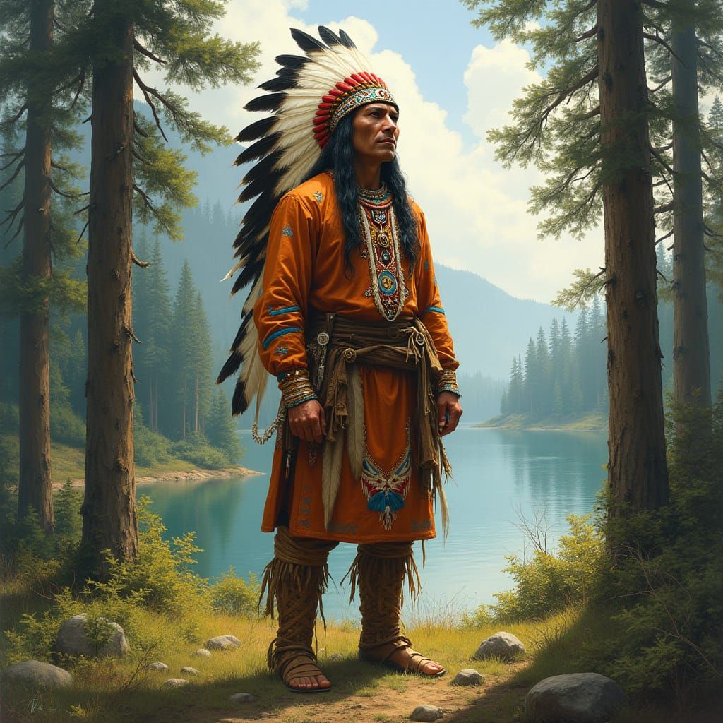 Proud Native American Leader in Serene Forest Landscape