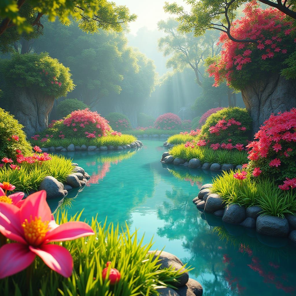 Lush Pond Landscape in Art Nouveau Style